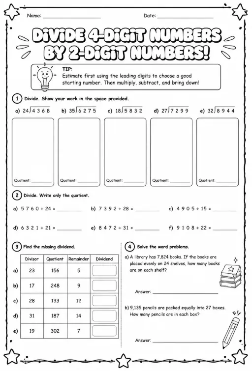 Divide 4-digit numbers by 2-digit numbers