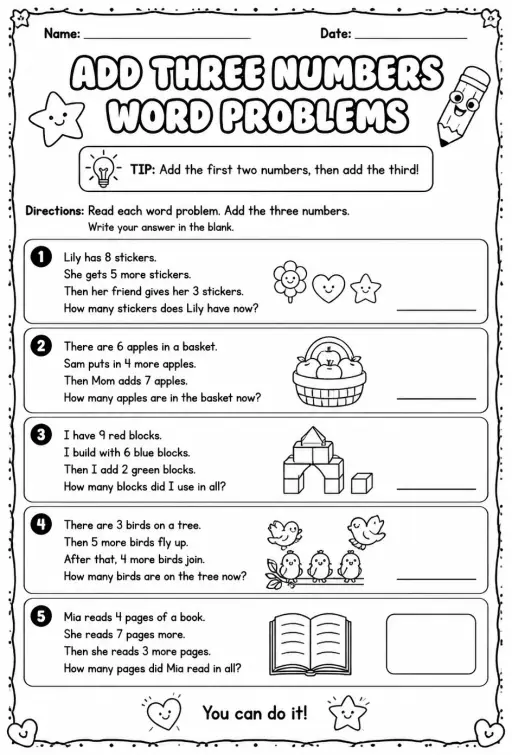 Add three numbers - word problems