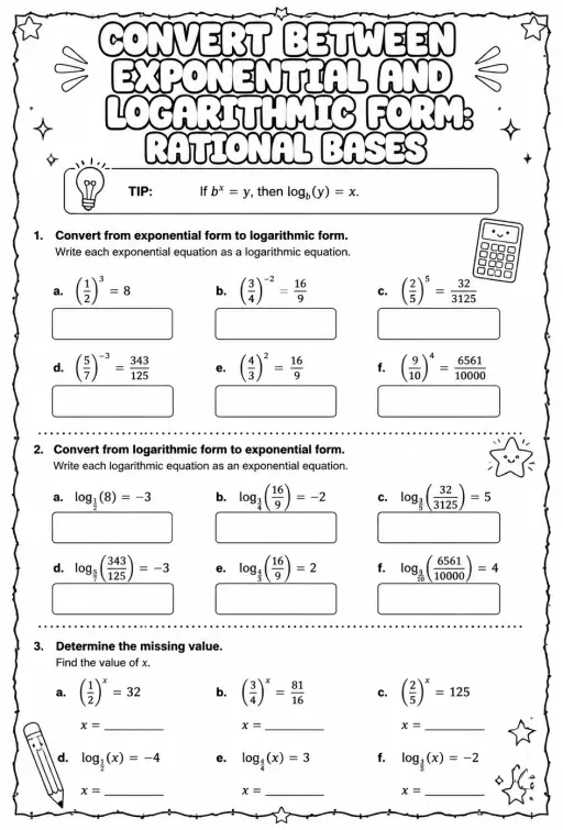 Convert between exponential and logarithmic form: rational bases