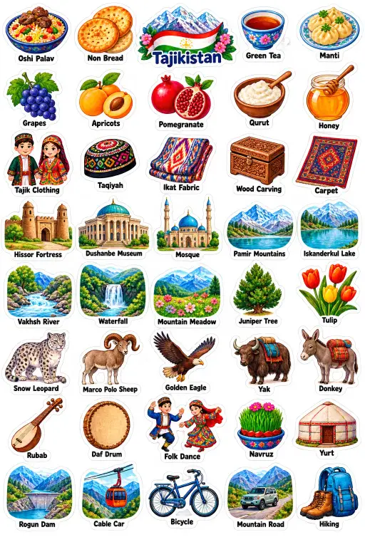 Countries Tajikistan to United States Vocabulary Sticker Pack