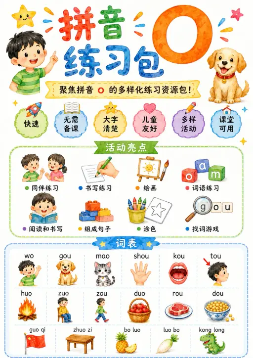 Chinese Pinyin Letter o Phonics Worksheets Pack