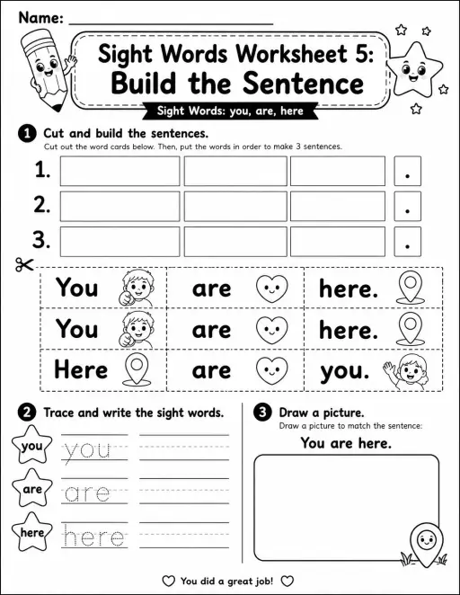 Sight Words Worksheet 5: Build the Sentence