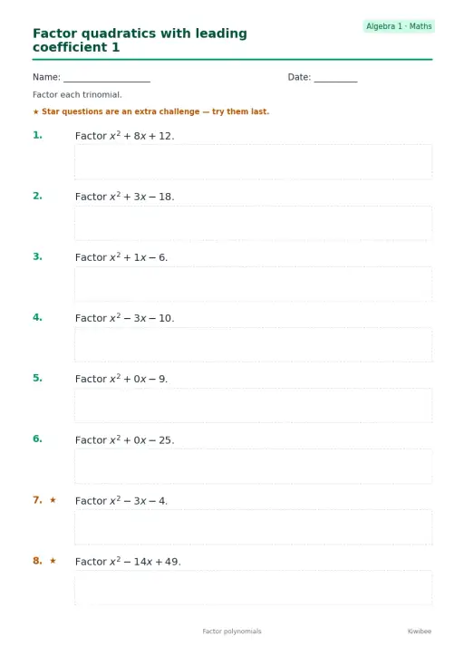 Factor quadratics with leading coefficient 1