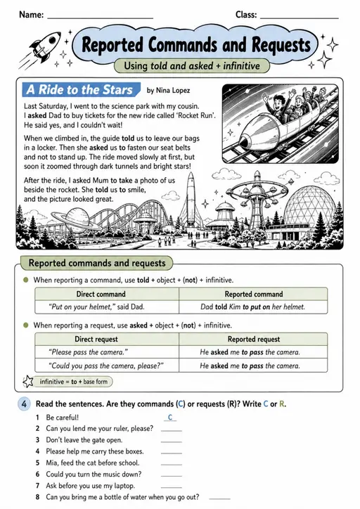 Reported Commands And Requests | Grades 5-6 Grammar Worksheet
