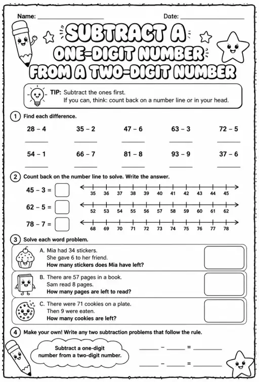 Subtract a one-digit number from a two-digit number
