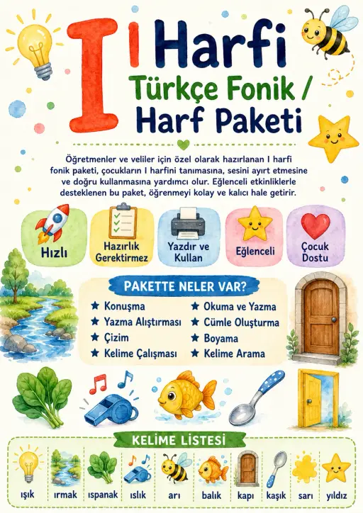 Turkish Letter Dotless I Phonics Worksheets Pack