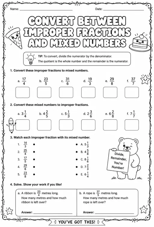 Convert between improper fractions and mixed numbers