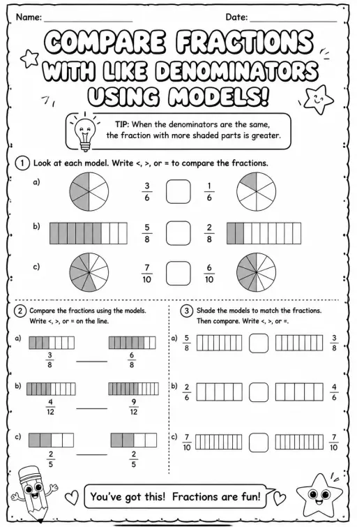 Compare fractions with like denominators using models