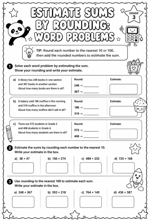 Estimate sums by rounding: word problems