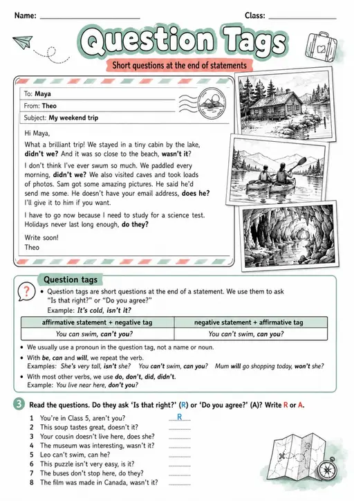 Question Tags | Grades 5-6 Grammar Worksheet