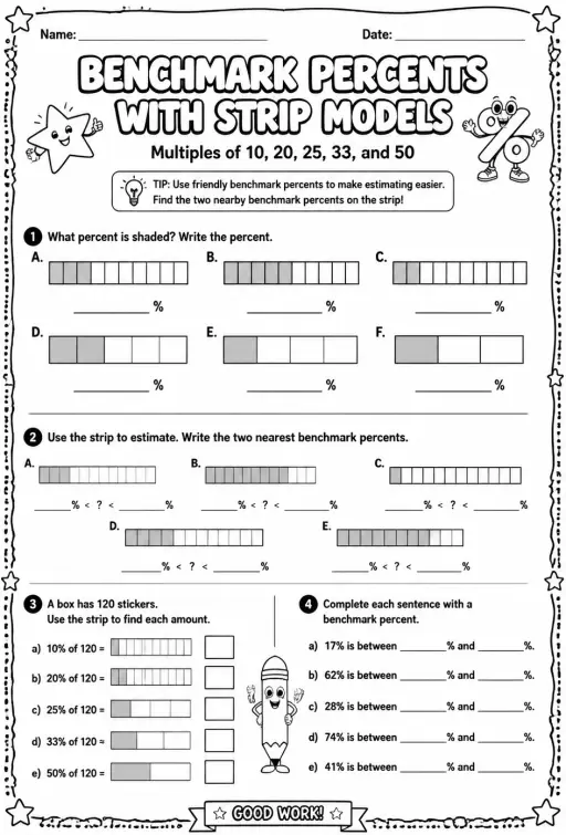 Benchmark percents with strip models: multiples of 10, 20, 25, 33, and 50