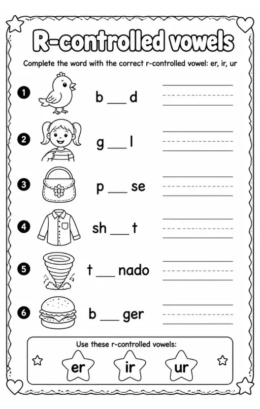 Complete the word with the correct r-controlled vowel: er, ir, ur