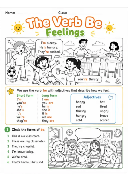 Verb Be and Feelings Pack - 2 Worksheets | Grades 2-3