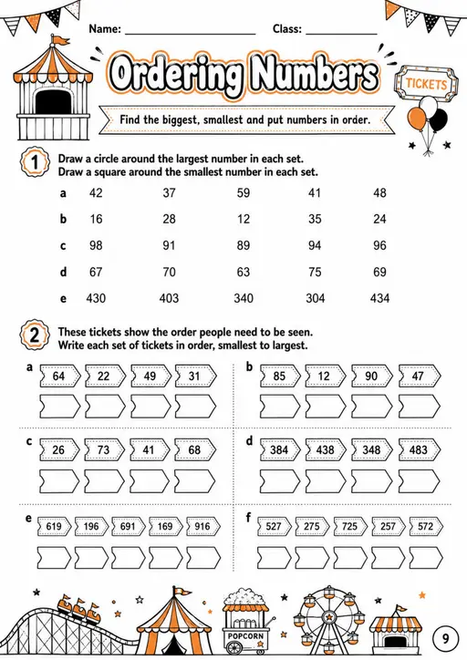 Ordering Numbers - Grade 3 Math Worksheet - grade 3 Diagrams, models, and drawing tasks