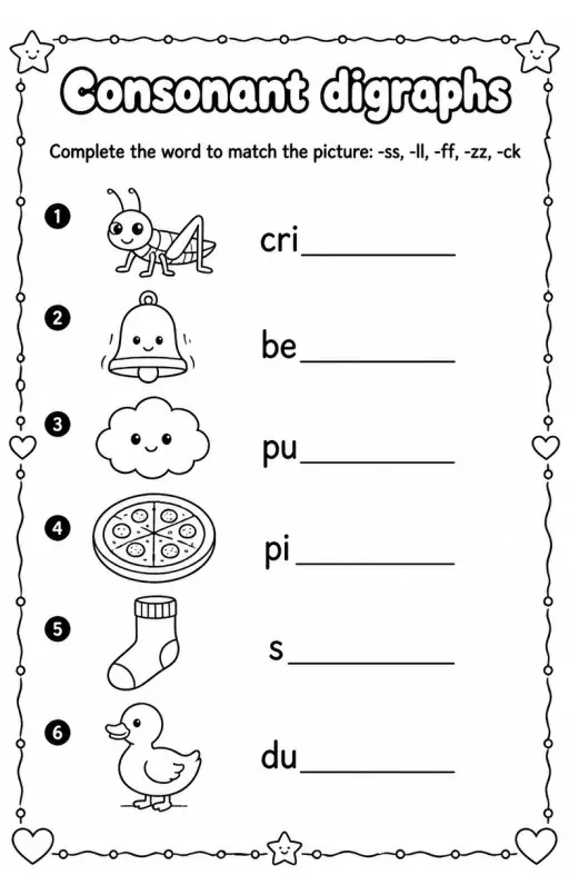 Complete the word to match the picture: -ss, -ll, -ff, -zz, -ck