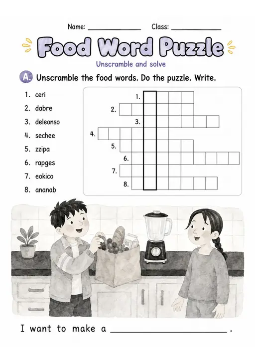 Food Word Puzzle | Grade 2 Vocabulary Worksheet