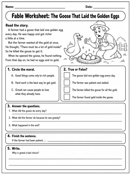 Fable Worksheet: The Goose That Laid the Golden Eggs