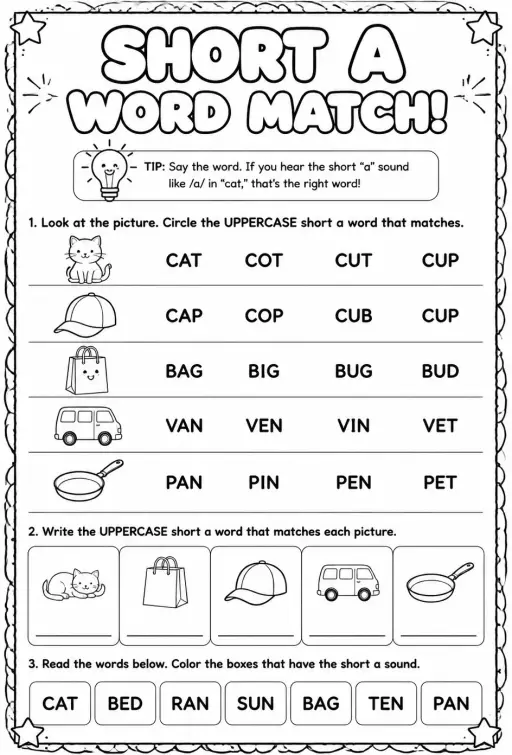 Choose the short a word that matches the picture: uppercase