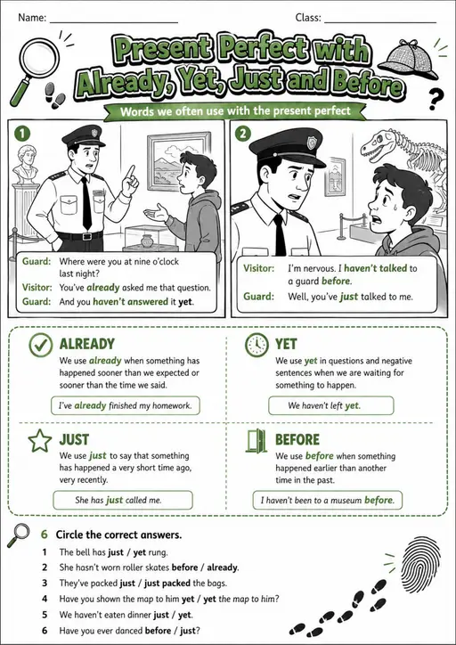 Present Perfect With Already, Yet, Just And Before | Grade 5 Grammar Worksheet