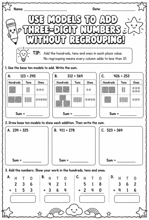 Use models to add three-digit numbers - without regrouping