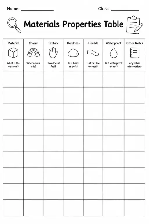 Materials Properties Table
