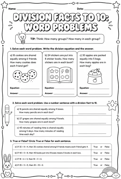 Division facts to 10: word problems