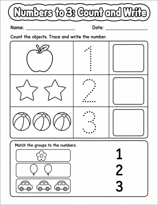 Kindergarten Numbers to 3 Math Worksheet Pack