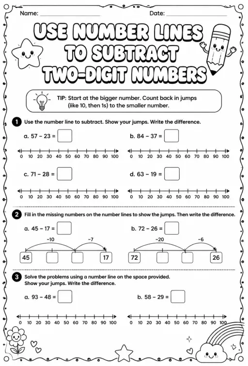 Use number lines to subtract two-digit numbers