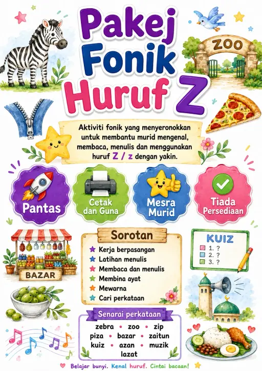 Malay Letter Z Phonics Worksheets Pack