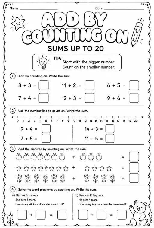 Add by counting on - sums up to 20