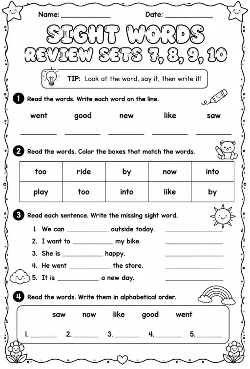 Read sight words: review sets 7, 8, 9, 10
