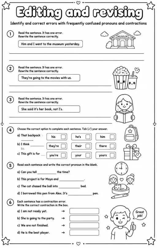 Identify and correct errors with frequently confused pronouns and contractions