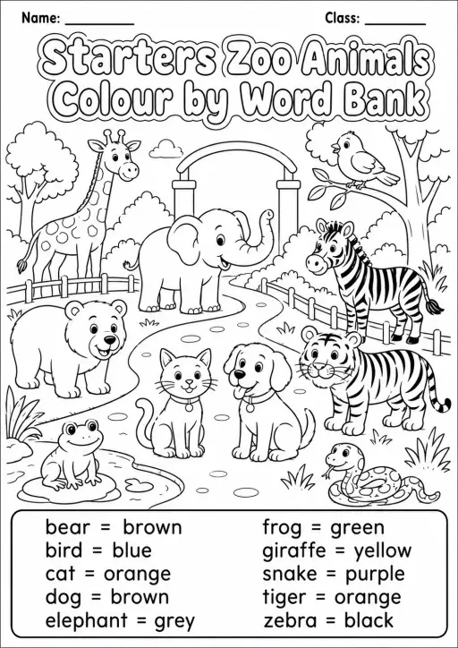 Zoo Animals Starters Color by Word Bank Worksheet Pack