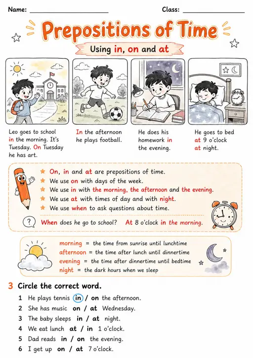 Prepositions Of Time | Grades 2-3 Grammar Worksheet