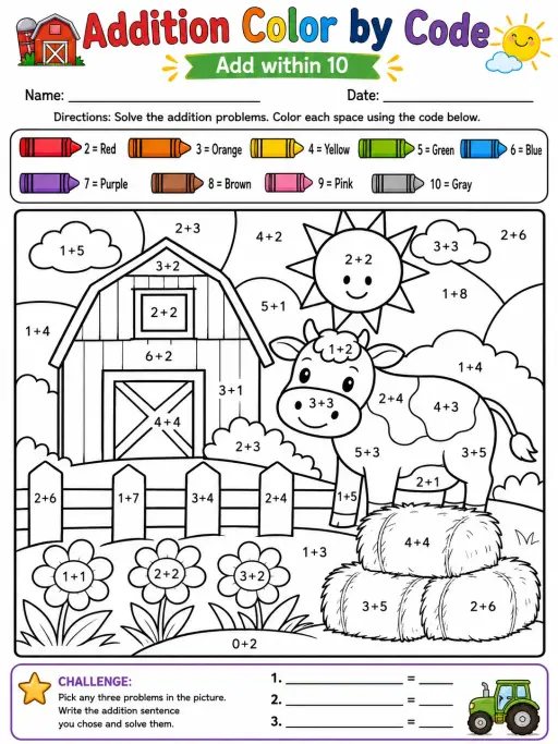 Addition Color by Code: Add within 10