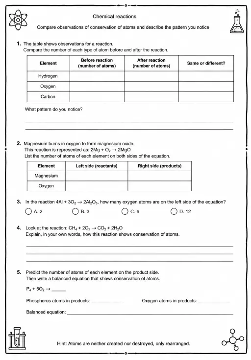 Compare observations of conservation of atoms and describe the pattern you notice
