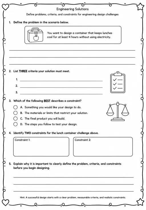 Define problems, criteria, and constraints for engineering design challenges