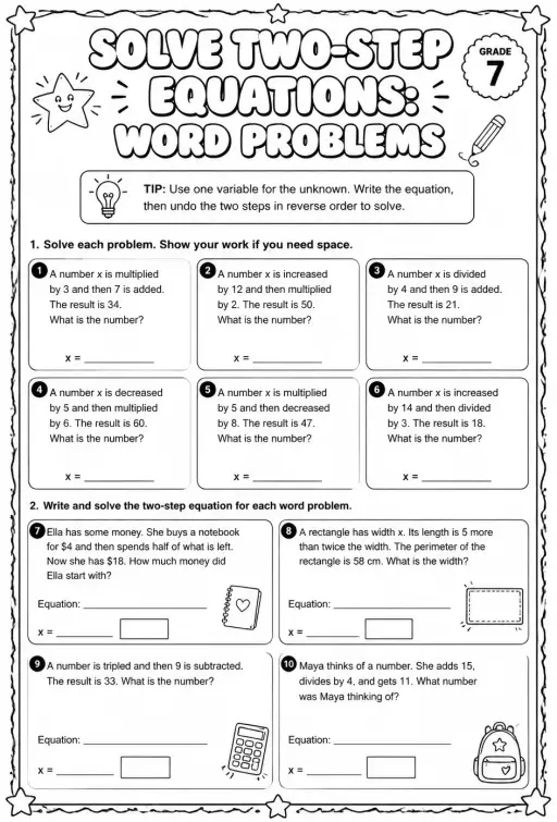 Solve two-step equations: word problems