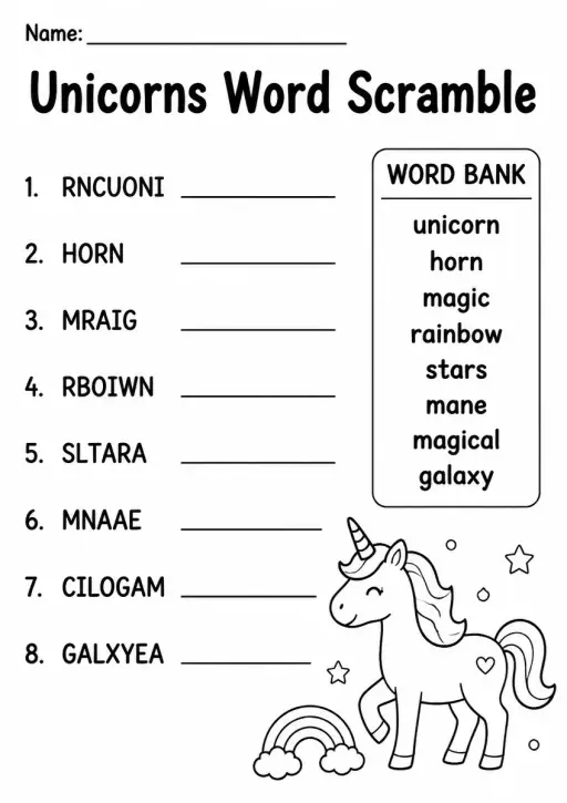 Unicorns Word Scramble — Kindergarten
