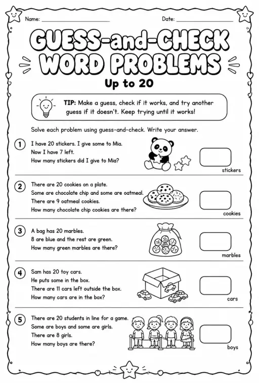 Solve word problems using guess-and-check - up to 20