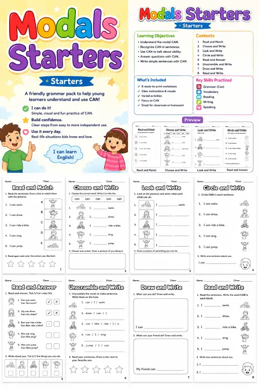 Modals Starters Grammar Worksheet Pack