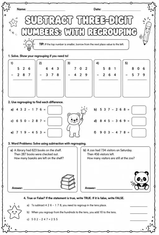 Subtract three-digit numbers: with regrouping