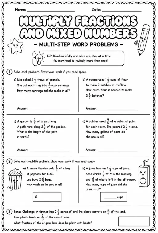 Multiply fractions and mixed numbers: multi-step word problems