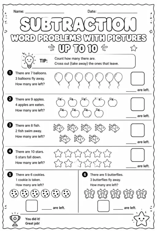 Subtraction word problems with pictures - up to 10