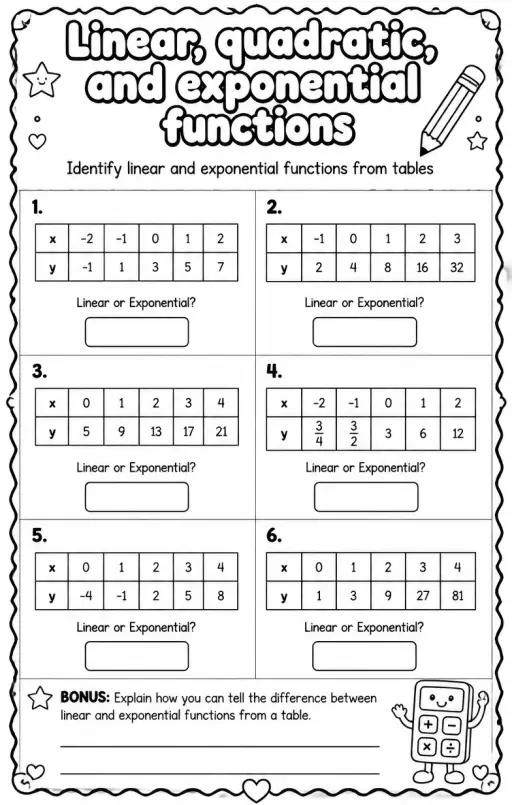 Identify linear and exponential functions from tables