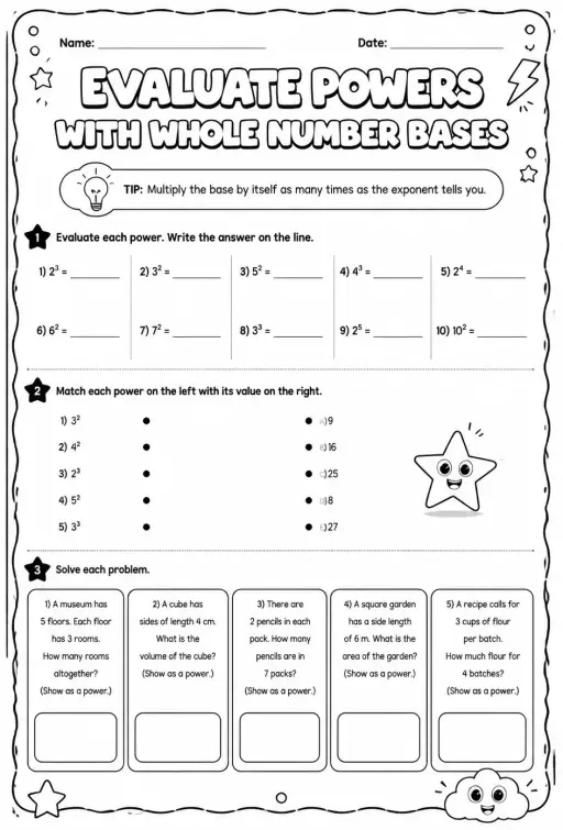 Evaluate powers with whole number bases