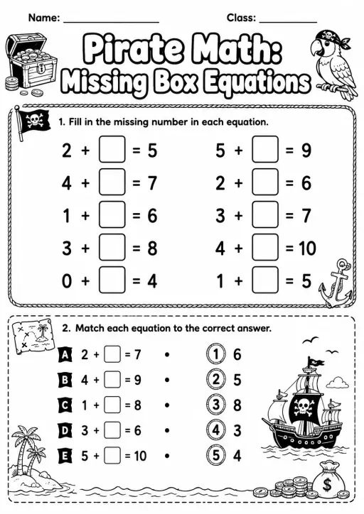 Pirate Math: Missing Box Equations Worksheet Pack