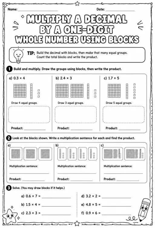 Multiply a decimal by a one-digit whole number using blocks