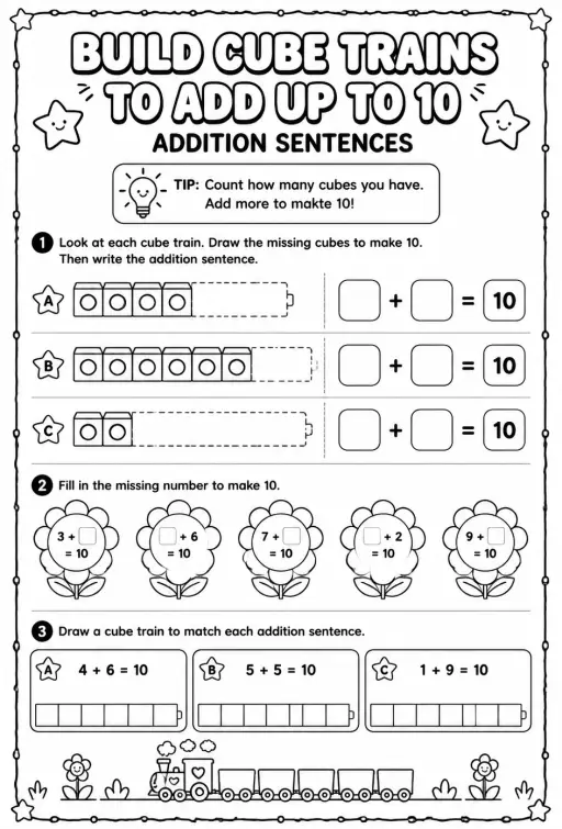 Build cube trains to add up to 10 - addition sentences