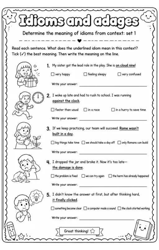 Determine the meaning of idioms from context: set 1